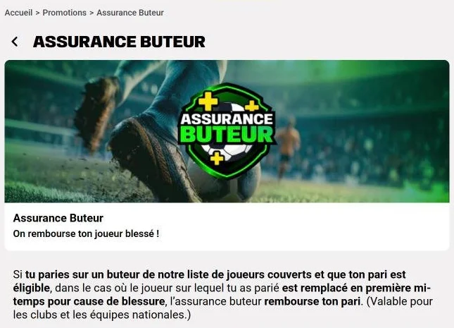 Présentation de l’Assurance Buteur sur Unibet (capture du 30 octobre 2026)