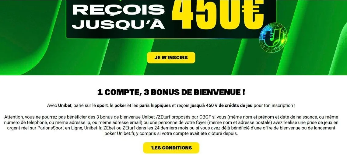 Page de l’offre de bienvenue Unibet « 1 compte, 3 bonus » et ses conditions d’exclusion (capture du 30 octobre 2026)
