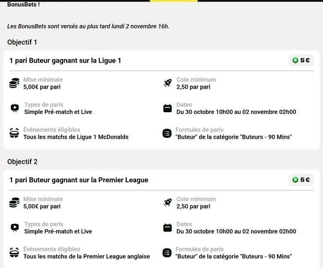 Conditions d’un défi Unibet : mise minimale, cote minimale, types de paris et dates (capture du 30 octobre 2026)