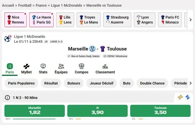 Page d’un match de Ligue 1 sur Unibet : cotes 1N2, onglets My Bet, Stats et Compos (capture du 30 octobre 2026)