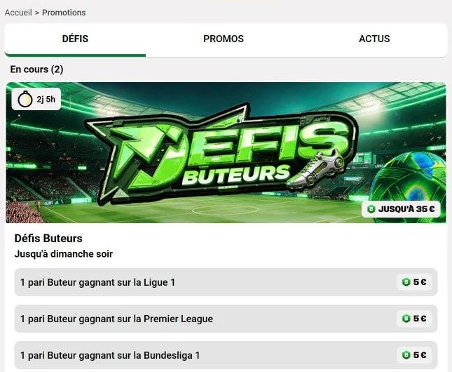 Rubrique Promos & défis d’Unibet : les Défis Buteurs du week-end (capture du 30 octobre 2026)